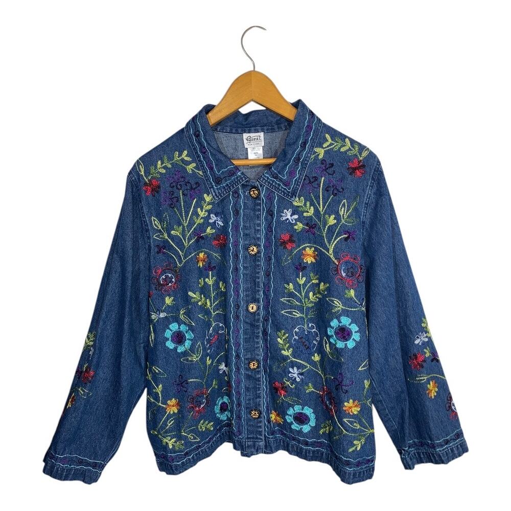 VTG Gunit Fashions Women's Multicolor Embroidered Front Denim Shirt Jacket XL